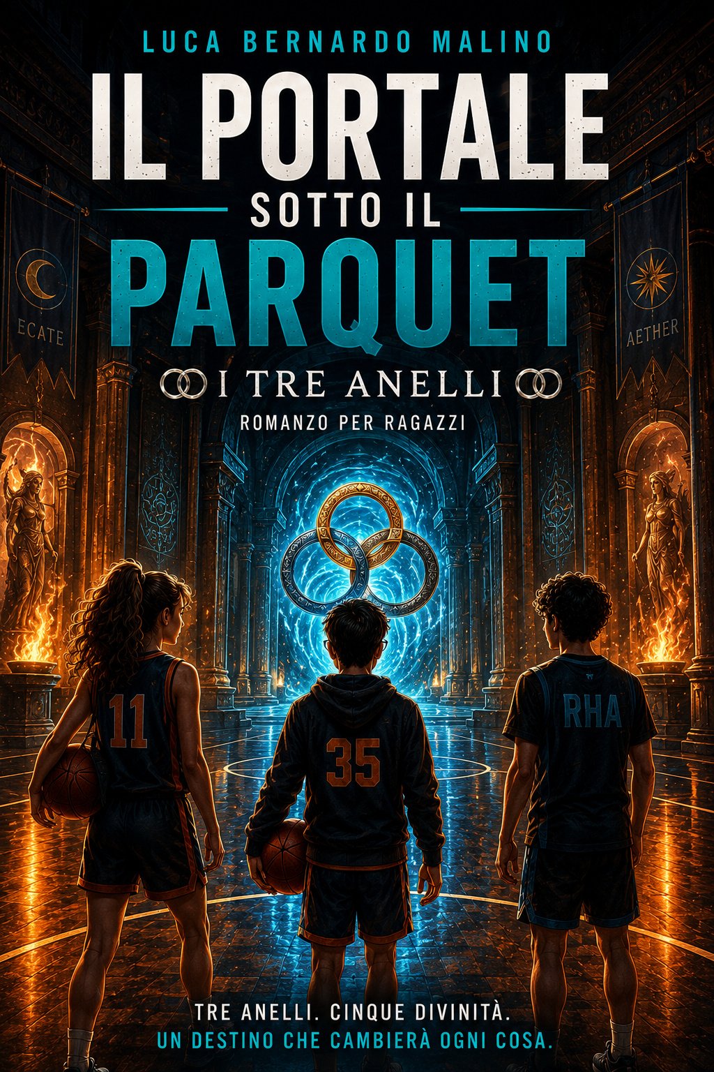 I Tre Anelli, libro 2: tre ragazzi davanti al portale e agli anelli luminosi