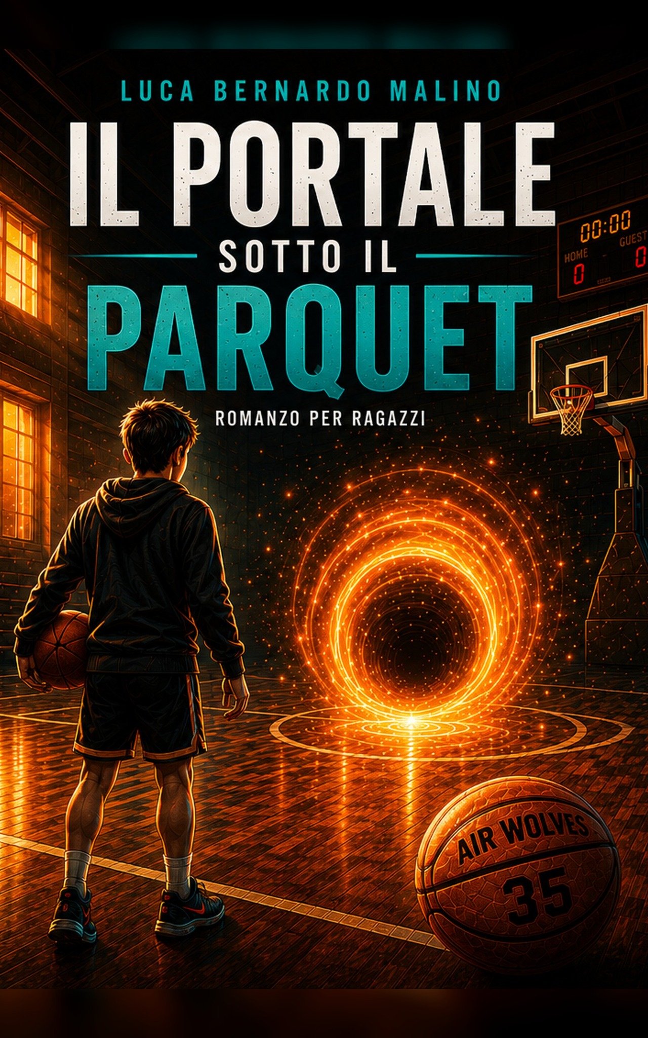 Il Portale sotto il Parquet, libro 1: Giosuè davanti a un portale arancione sul campo da basket